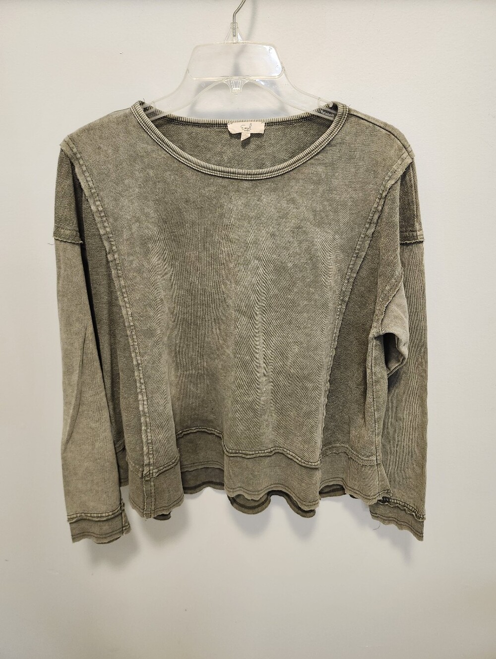 Easel Mineral Washed Olive Green Oversized Crewneck Sweatshirt - Picture 2 of 5